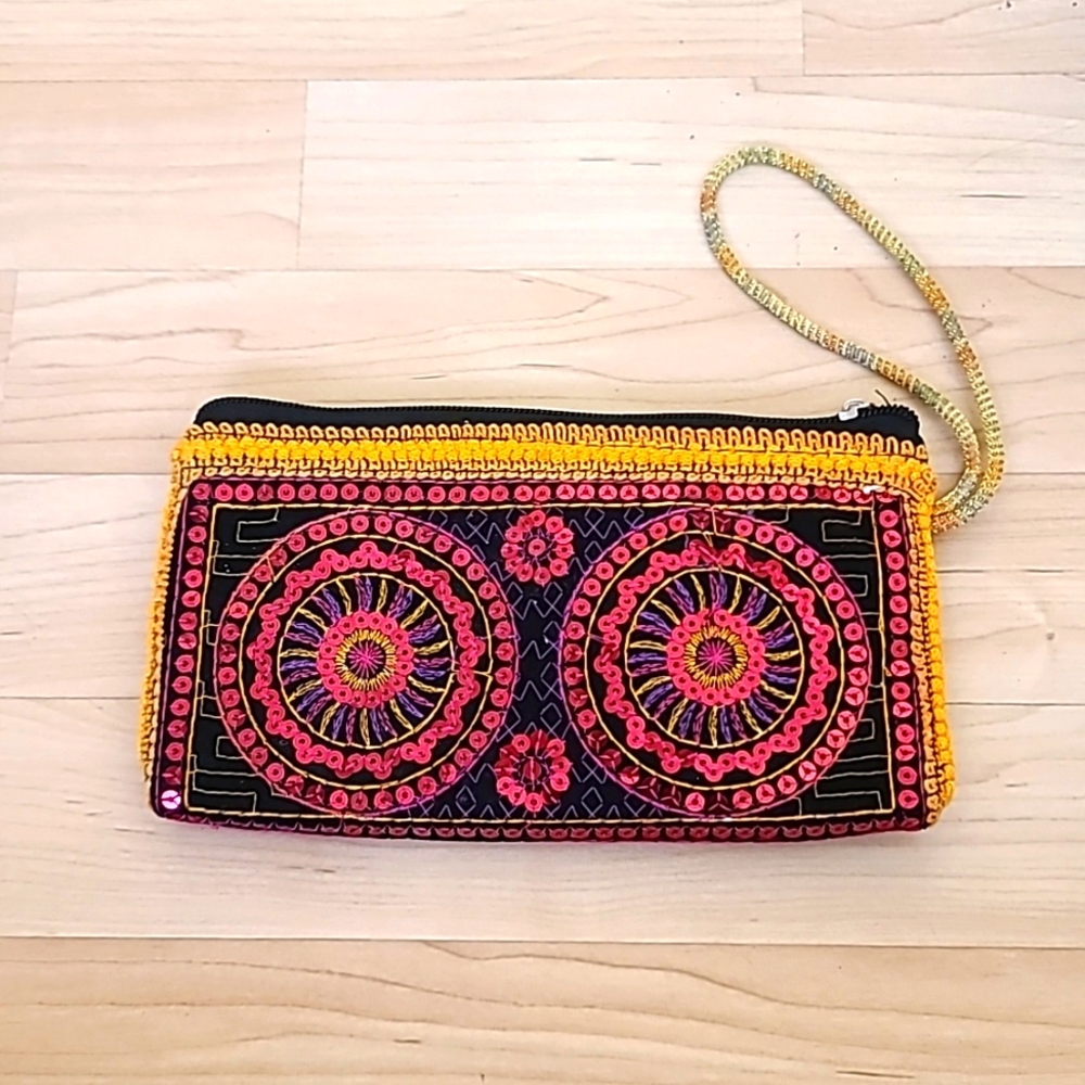 Mini Sequin Handmade Multicolor Bag with Zipper Clutch , Makeup Bag 8"×4 1/2"